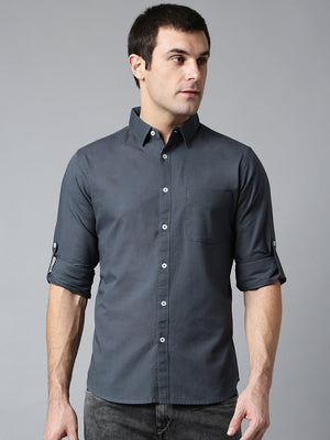 Men's Cotton Solid Dark Grey Slim Fit Casual Shirt