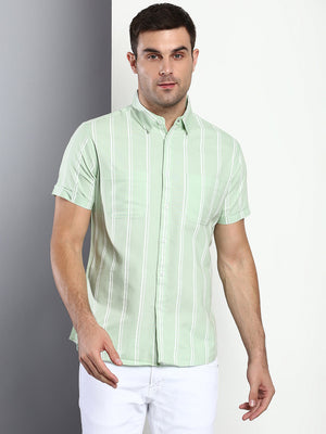 Men's Striped Green Slim Fit Cotton Casual Shirt With Spread Collar & Half Sleeves