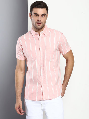 Men's Striped Peach Slim Fit Cotton Casual Shirt With Spread Collar & Half Sleeves
