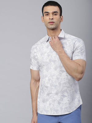 Men's Floral Print Grey Slim Fit Cotton Casual Shirt