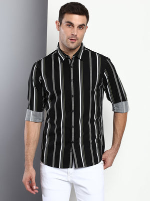 Men's Striped Black Slim Fit Cotton Casual Shirt With Spread Collar & Full Sleeves