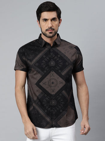 Men's Cotton Printed Black Slim Fit Casual Shirt