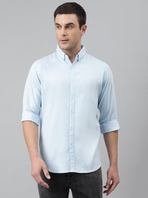 Men's Solid Skyblue Slim Fit Cotton Casual Shirt