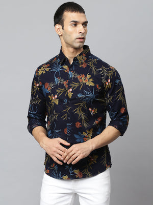 Men's Floral Navy Slim Fit Cotton Casual Shirt