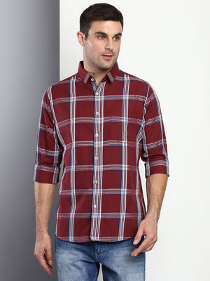 Men's Checkered Maroon Slim Fit Cotton Casual Shirt With Spread Collar & Full Sleeves