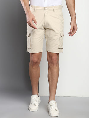 Men's Cream Slim Fit Mid Rise Casual Cotton Shorts