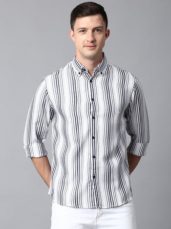 Men's Striped White Slim Fit Casual Shirt With Button Down