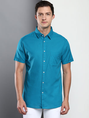 Men's Solid Peacock Slim Fit Cotton Linen Casual Shirt With Spread Collar & Half Sleeves