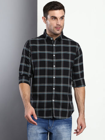 Men's Checkered Black Slim Fit Cotton Casual Shirt With Spread Collar & Full Sleeves