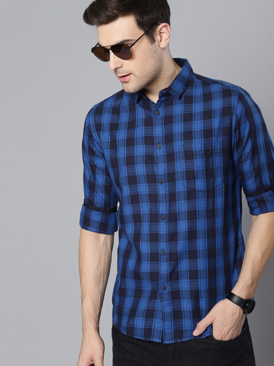 Men s Small Checkered Slim Fit Full Sleeves Spread Casual Shirts DENNIS LINGO