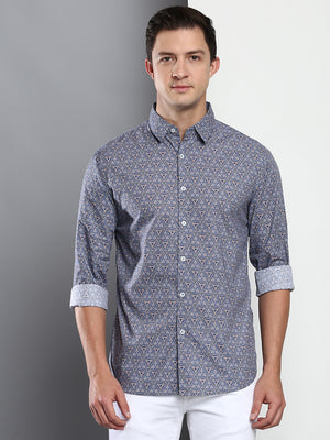 Men's Printed Blue Slim Fit Satin Casual Shirt With Spread Collar & Full Sleeves