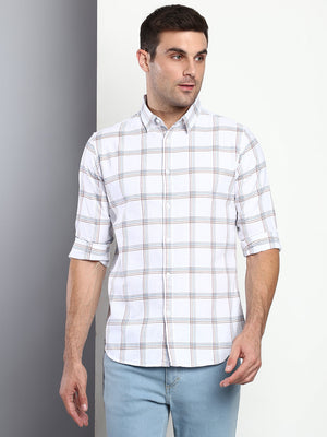 Men's Checkered White Slim Fit Cotton Casual Shirt With Spread Collar & Full Sleeves
