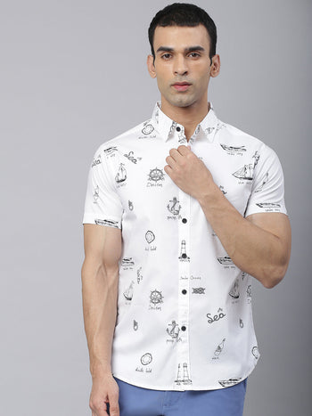 Men's Abstract Print Slim Fit Half Shirts (White)