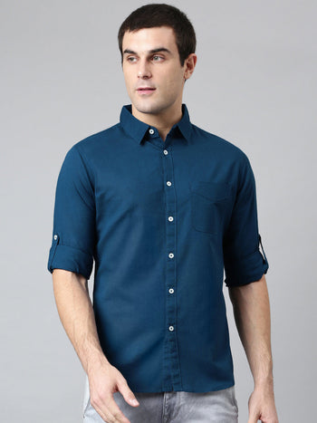 Men's Cotton Solid Slim Fit Casual Shirt With Pocket Roll Up Full Sleeve Shirt For Formal & Casual Wear