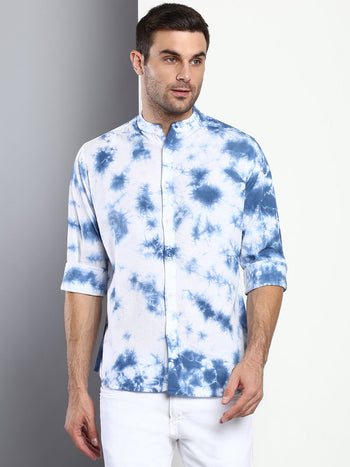 Men's Ombre Blue Slim Fit Cotton Casual Shirt With Mandarin Collar & Full Sleeves