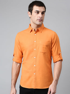 Men's Cotton Solid Orange Slim Fit Casual Shirt