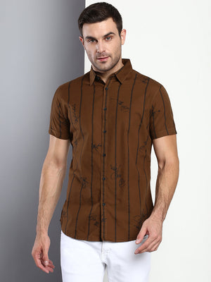 Men's Striped Brown Slim Fit Cotton Casual Shirt With Spread Collar & Half Sleeves