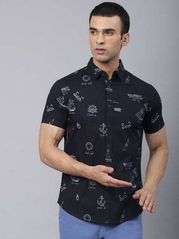 Men's Abstract Print Slim Fit Half Shirts (Navy)