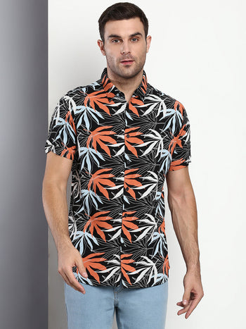 Men's Floral Black Slim Fit Rayon Casual Shirt With Spread Collar & Half Sleeves
