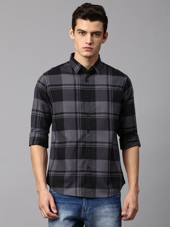 Men's Checkered Grey Slim Fit Casual Shirt  Spread Collar