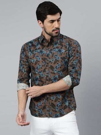 Men's Floral Prints Slim Fit Spread Full Sleves Shirt (Brown)