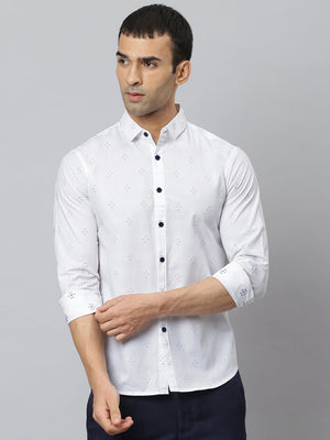 Men's Self Design Spread Collar Slim Fit Shirts (White)