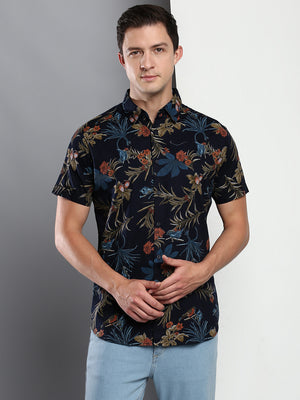 Men's Printed Navy Slim Fit Cotton Poly Casual Shirt With Spread Collar & Half Sleeves