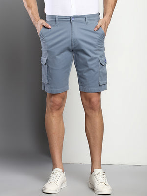 Men's Steel Blue Slim Fit Mid Rise Casual Cotton Shorts