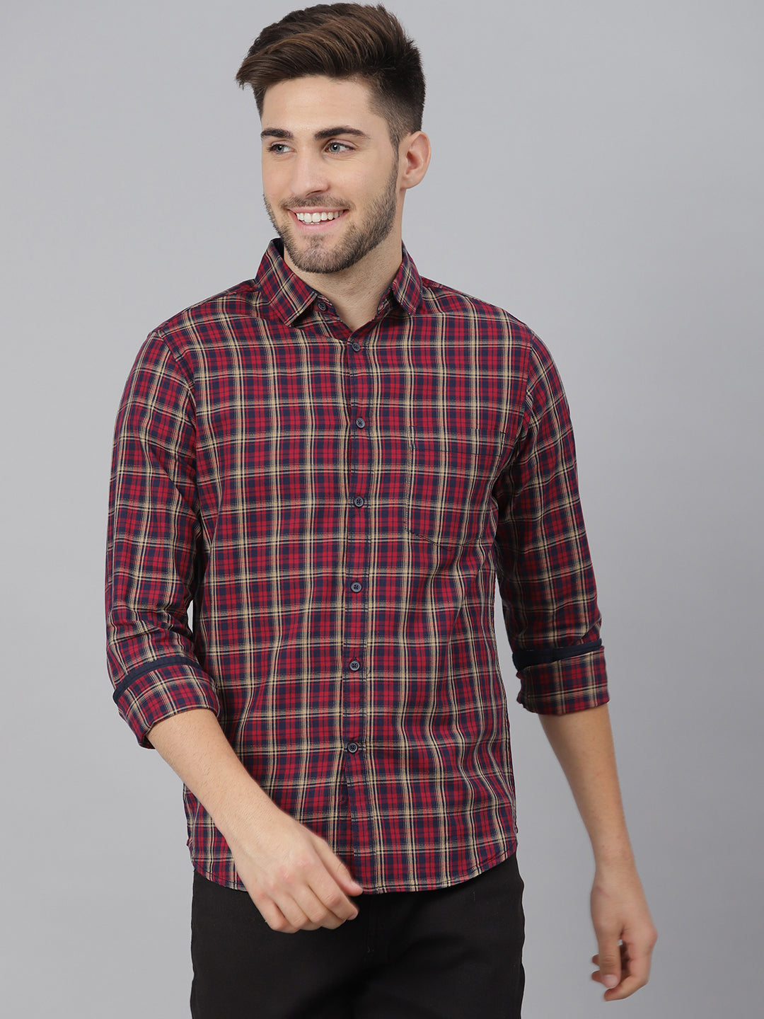 Men's Small Checks Slim Fit Full Sleves Spread Casual Shirts (RED ...