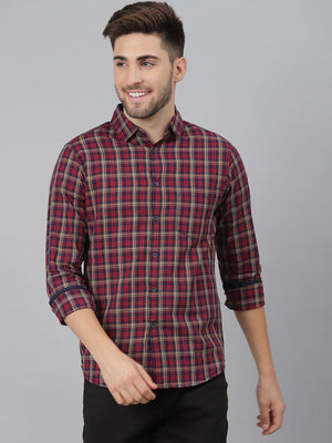 Men's Small Checks Slim Fit Full Sleves Spread Casual Shirts (Red)