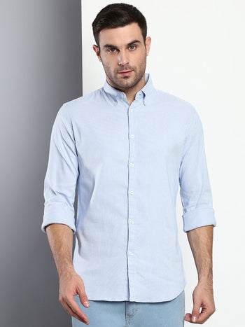 Men's Striped Sky Blue Slim Fit Cotton Casual Shirt With Button Down Collar & Full Sleeves