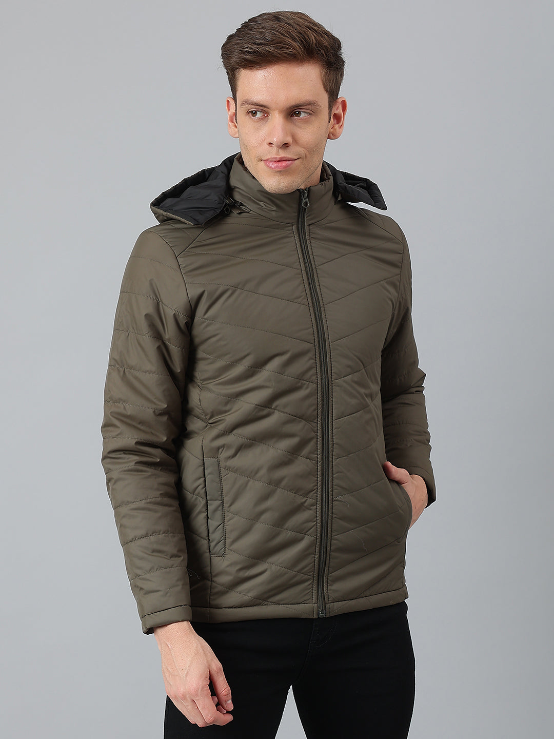 Men's Olive Regular Fit Hooded Winterwear Puffer Jackets – DENNIS LINGO