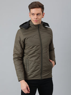 Men's Olive Regular Fit Hooded Winterwear Puffer Jackets