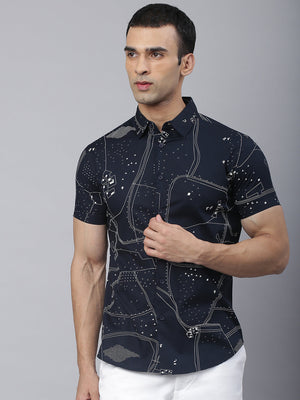 Men's Floral Print Navy Slim Fit Cotton Casual Shirt