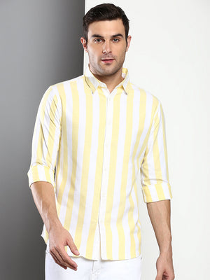 Men's Striped Yellow Slim Fit Oxford Cotton Casual Shirt With Spread Collar & Full Sleeves (C9038_Yellow_S)