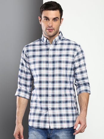 Men's Checkered White Slim Fit Oxford Cotton Casual Shirt With Button Down Collar & Full Sleeves (C4103_White_S)