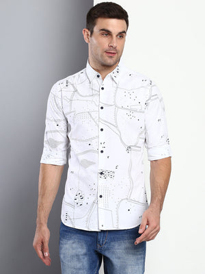 Men's Geometric Print White Slim Fit Cotton Casual Shirt With Spread Collar & Full Sleeves
