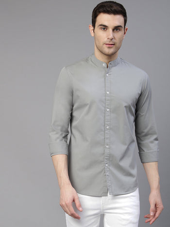 Men's Cotton Solid Mandarin Collar Slim Fit Casual Shirt