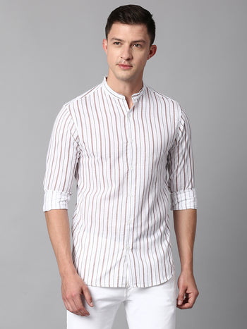 Men's Striped White Slim Fit Casual Shirt With Mandarin Collar