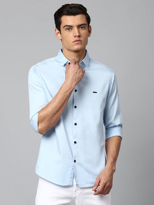 Men's Solid Sky Blue Slim Fit Casual Shirt With Spread Collar