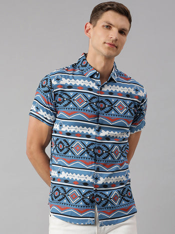 Men's Spread Collar Half Sleeves Printed Slim Fit Rayon Casual Shirt