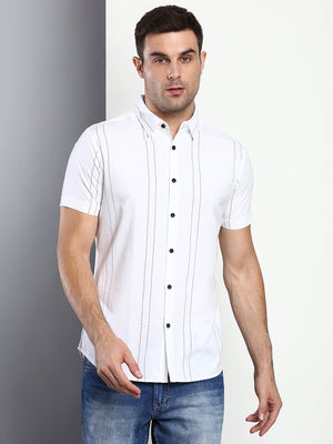 Men's Striped White Slim Fit Cotton Casual Shirt With Spread Collar & Half Sleeves