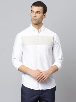 Men's Self Design Spread Collar Slim Fit Fulll Sleves Shirts (White)