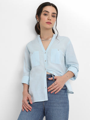 Round Neck Regular Fit Solid Light Blue Top