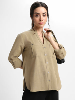 Round Neck Regular Fit Solid Olive Top