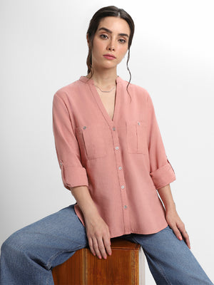 Round Neck Regular Fit Solid Dusty Pink Top