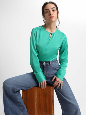 Stylised V Neck Regular Fit Solid Dopamine Green Top