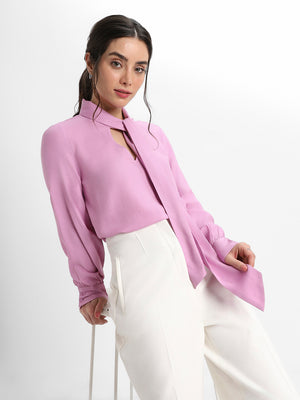 Women Tie Up Neck Regular Fit Solid Lavender Top