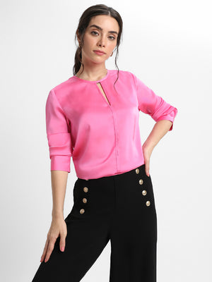 Stylised V Neck Regular Fit Solid Pink Top