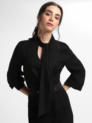 Women Tie Up Neck Regular Fit Solid Black Top